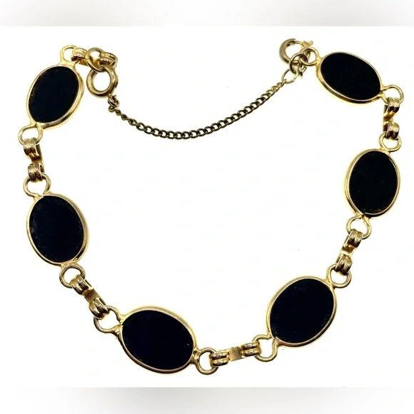 3 for $30 Vintage Gold Tone Linked Bracelet Bezel Set Onyx Gems Safety Chain - Picture 5 of 5